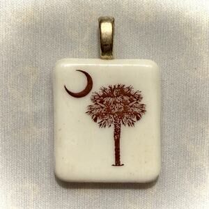 South Carolina Palmetto Tree Crescent Moon Pendant White Tile State Charm